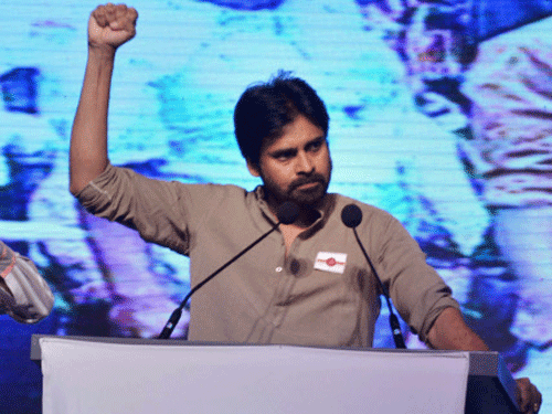Tollywood actor Pawan Kalyan speaks at the launch of his new political party Jana Sena in Hyderabad. PTI File Photo