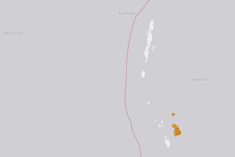 Nine medium intensity earthquakes, with a magnitude ranging from 4.7 to 5.2, hit the Andaman and Nicobar Islands on Monday morning, all in a span of two hours, according to the National Centre for Seismology. (Image: Screengrab from earthquake.usgs.gov)