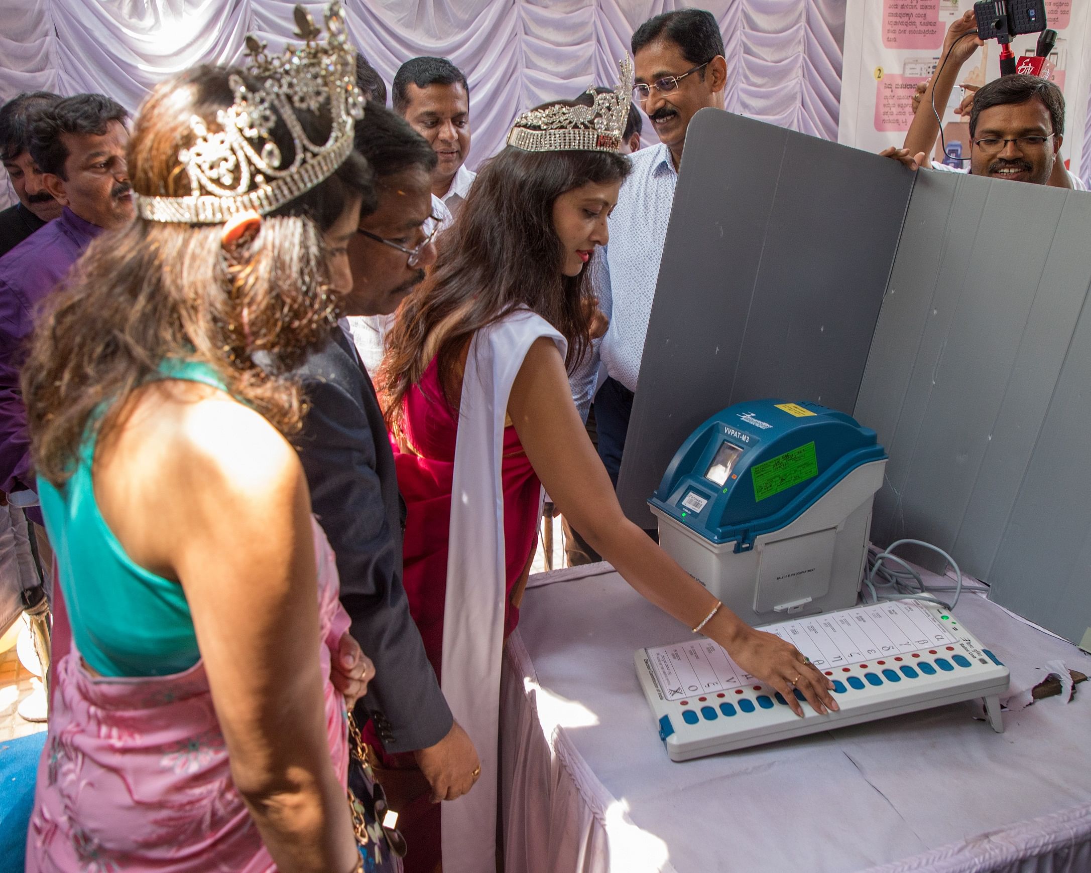 Beauty queens at a Sakhimodel poll booth at Cubbon Park (As told to Nina C George) on Tuesday.