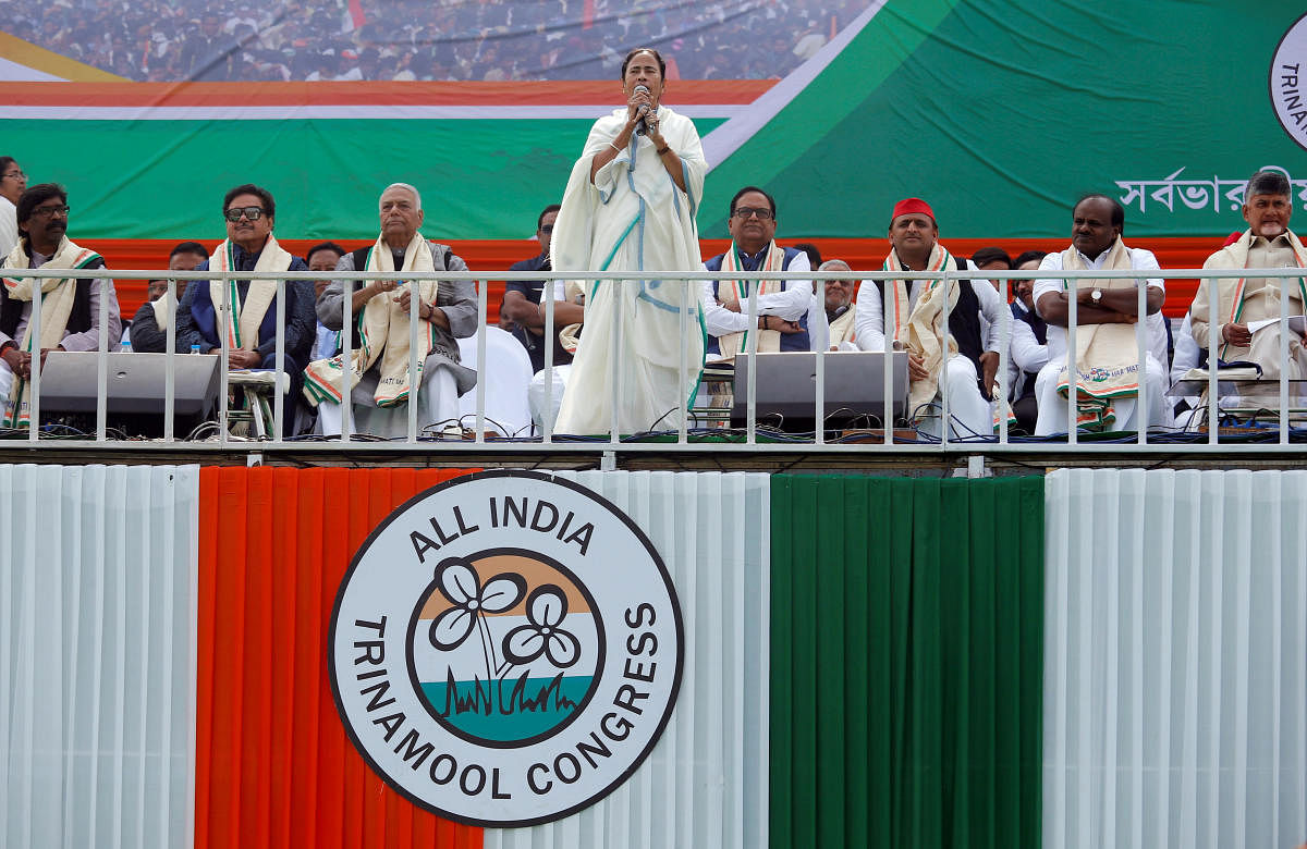 Mamata Banerjee, Chief Minister of the state of West Bengal, speaks during "United India" rally attended by the leaders of India's main opposition parties ahead of the general election, in Kolkata, India, January 19, 2019. REUTERS