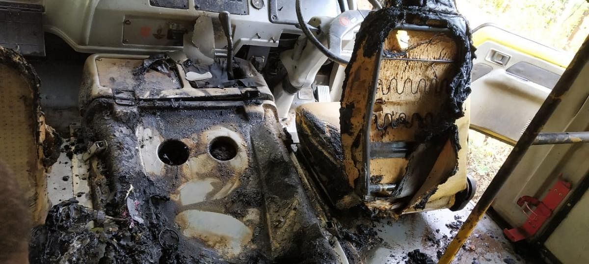 The charred interior of the school bus in Kalasa.