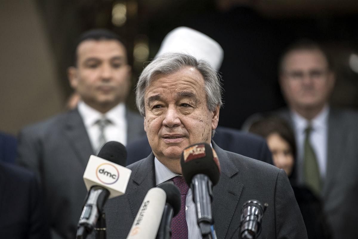 UN Secretary-General Antonio Guterres delivers a speech following a meeting with the Grand Imam of Al-Azhar, the Sunni Muslim world's foremost Islamic institution, in the Egyptian capital Cairo on April 2, 2019 (AFP)
