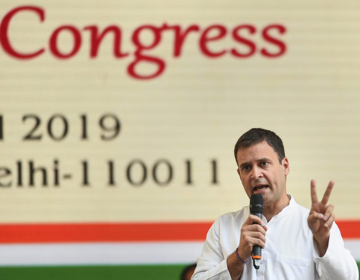 Congress President Rahul Gandhi addresses after the release of party's manifesto for upcoming Lok Sabha polls 2019, in New Delhi on Tuesday. (PTI Photo)
