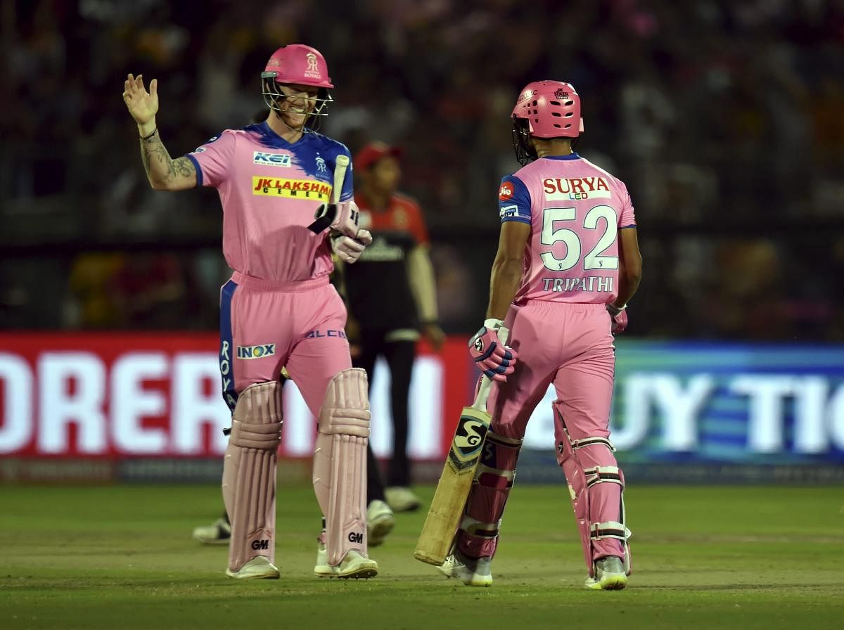 Rajasthan Royals (RR) players Ben Stokes and Rahul Tripathi celebrate victory against Royal Challengers Bangalore (RCB) during the Indian Premier League (IPL T20 2019) cricket match at Sawai Man Singh stadium in Jaipur. PTI photo