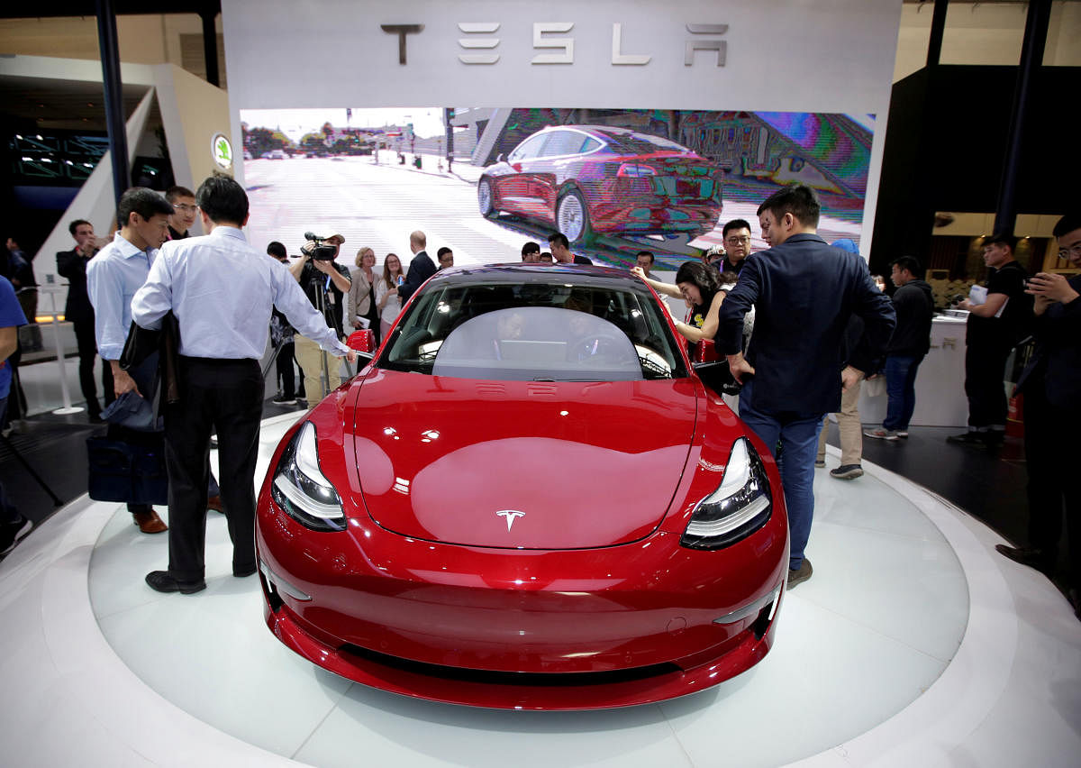 A Tesla Model 3 car is displayed during a media preview at the Auto China 2018 motor show in Beijing. (Reuters File Photo)