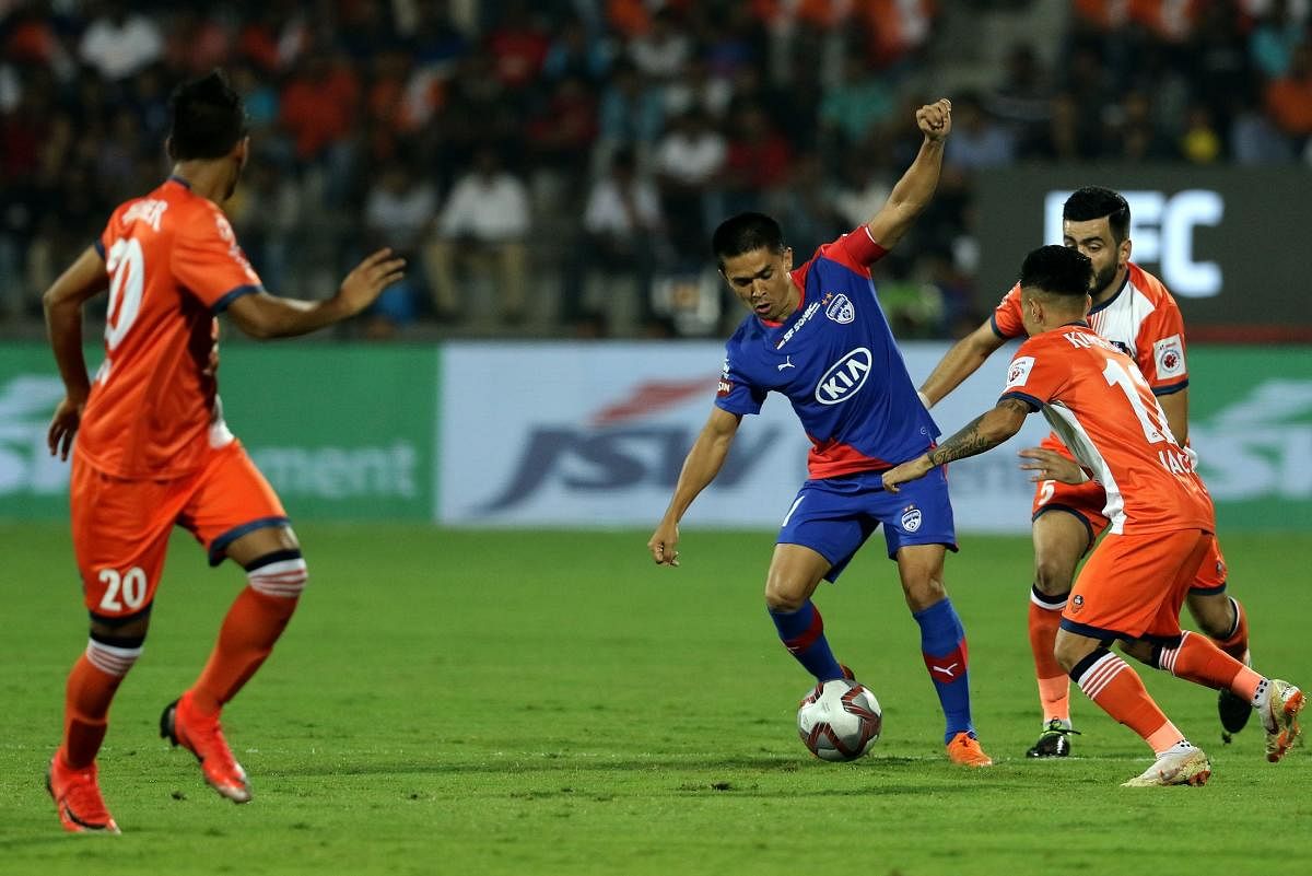 Sunil Chhetri (centre) missed a penalty which proved costly in the end for Bengaluru FC in their Super Cup game against Chennai City. File Photo