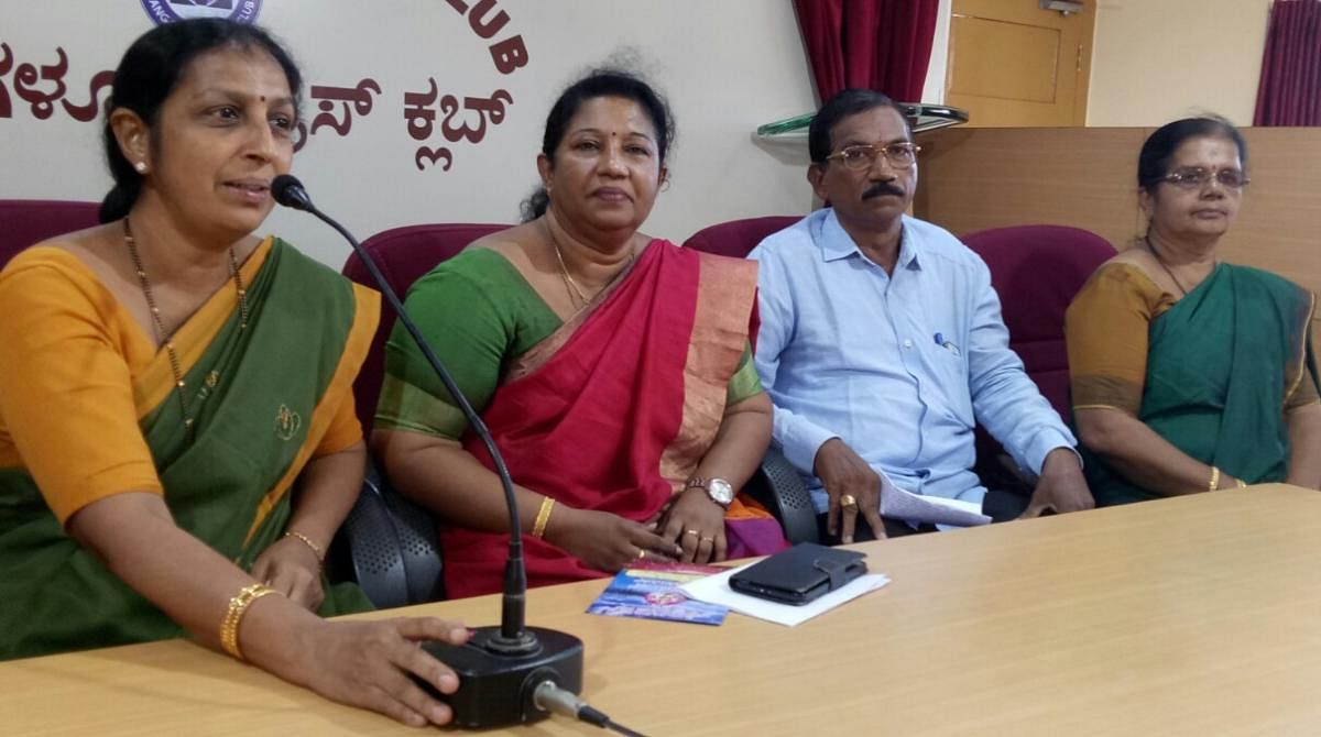 Shri Sharada Mathru Mandali office-bearers at the press conference organised at Patrika Bhavan in Mangaluru.
