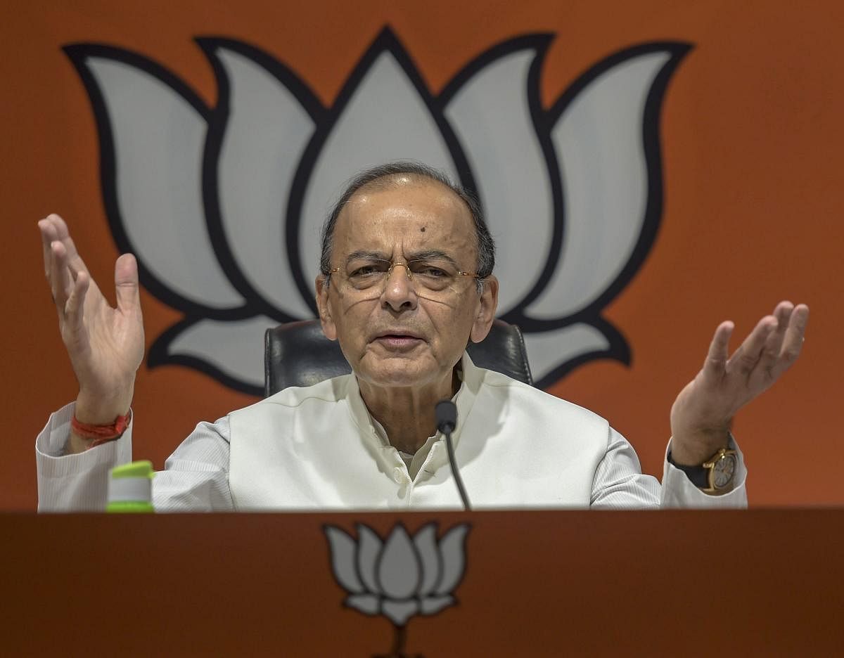 nion minister and BJP leader Arun Jaitley during the launch of the party's election theme songs and other campaign materials for upcoming Lok Sabha polls, at party headquarters in New Delhi, Sunday, April 7, 2019. (PTI Photo)