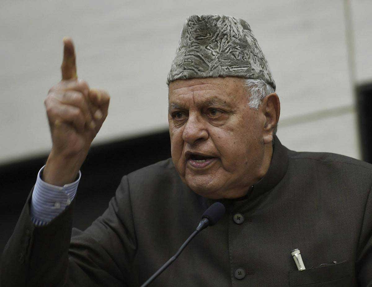 Reacting sharply to the BJP’s promise to revoke Article 370, NC president and former union minister Farooq Abdullah said, “Do they (New Delhi) think that they will abrogate Article 370 and we will be quiet? They are wrong. We will fight against it.” (PTI File Photo)