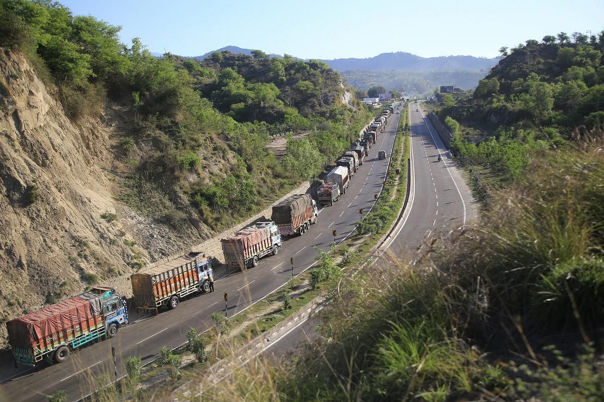 Stranded trucks on Jammu-Srinagar highway on the outskirts of Jammu on Sunday, April 7, 2019. The government has banned civilian movement on the strategic Srinagar-Jammu highway on two days in a week (Sunday and Wednesday) for smooth and safe passage of s