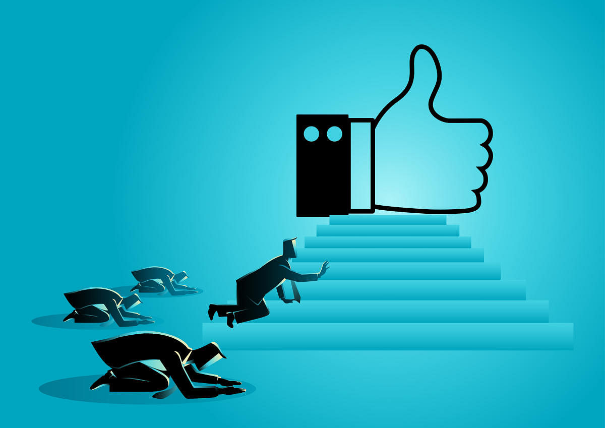 Concept vector illustration of people worshiping thumb up icon. Social media concept, people obsessed with "like" icon, getting more Likes is a critical part of your social media marketing strategy.Social Media Like Icon Illustration