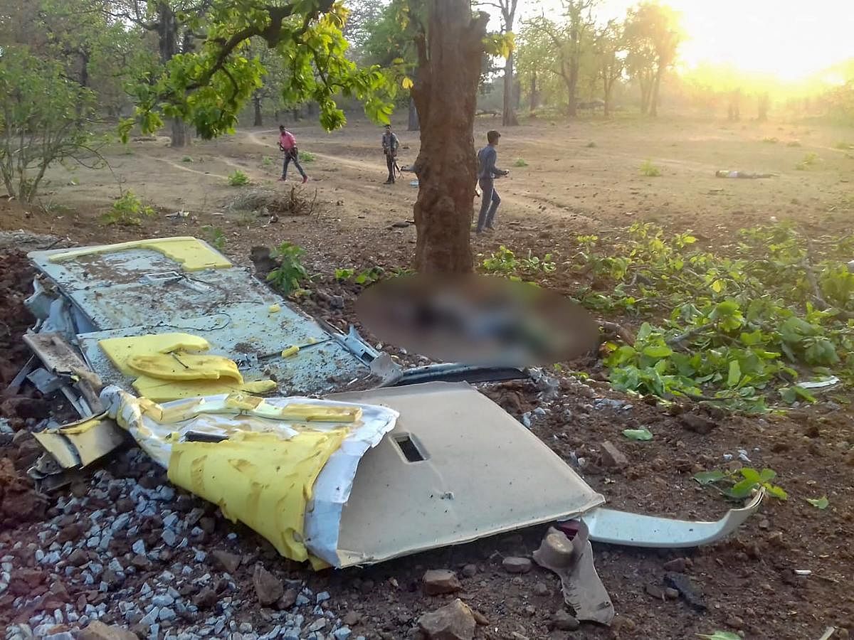 The wreckage of a vehicle at the IED blast site after a BJP convoy was attacked by the Maoists in Dantewada district of Chhattisgarh on Tuesday, April 9, 2019. BJP legislator Bheema Mandavi, who was also in the convoy, reportedly killed in the attack. PTI file photo