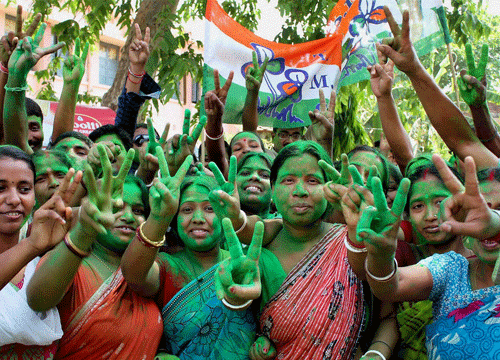 The Trinamool Congress defied all exit poll surveys and got 34 of the 42 Lok Sabha seats even though the celebrations seemed muted with BJP signaling its growth in the state by getting one more than its existing seat of Darjeeling./ PTI Photo
