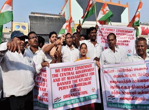 Members of Youth Congress during a protest against HRD Minister, Smriti Irani and IIT- Madras management near the IIT-Madras in Chennai. PTI photo