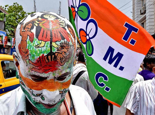 A TMC supporter in party colours jubiliates after the party's win in Assembly polls in Kolkata on Thursday. PTI Photo