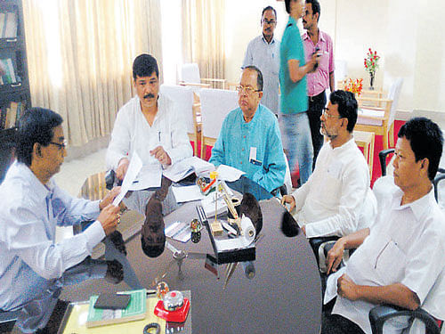 A delegation of rebel Congress MLAs in Tripura led by  former leader of the Opposition Sudip Roy Barman meet state legislative Assembly speaker Ramendra Chandra Nath on Tuesday.
