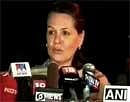 UPA chairperson Sonia Gandhi addresses media at her residence in New Delhi on Tuesday. PTI / TV Grab