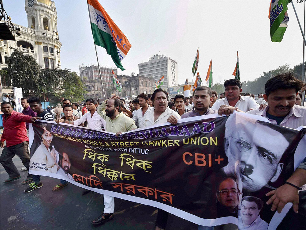 TMC has a total strength of 45 MPs in both Houses and almost all of them turned up to protest. PTI Photo.
