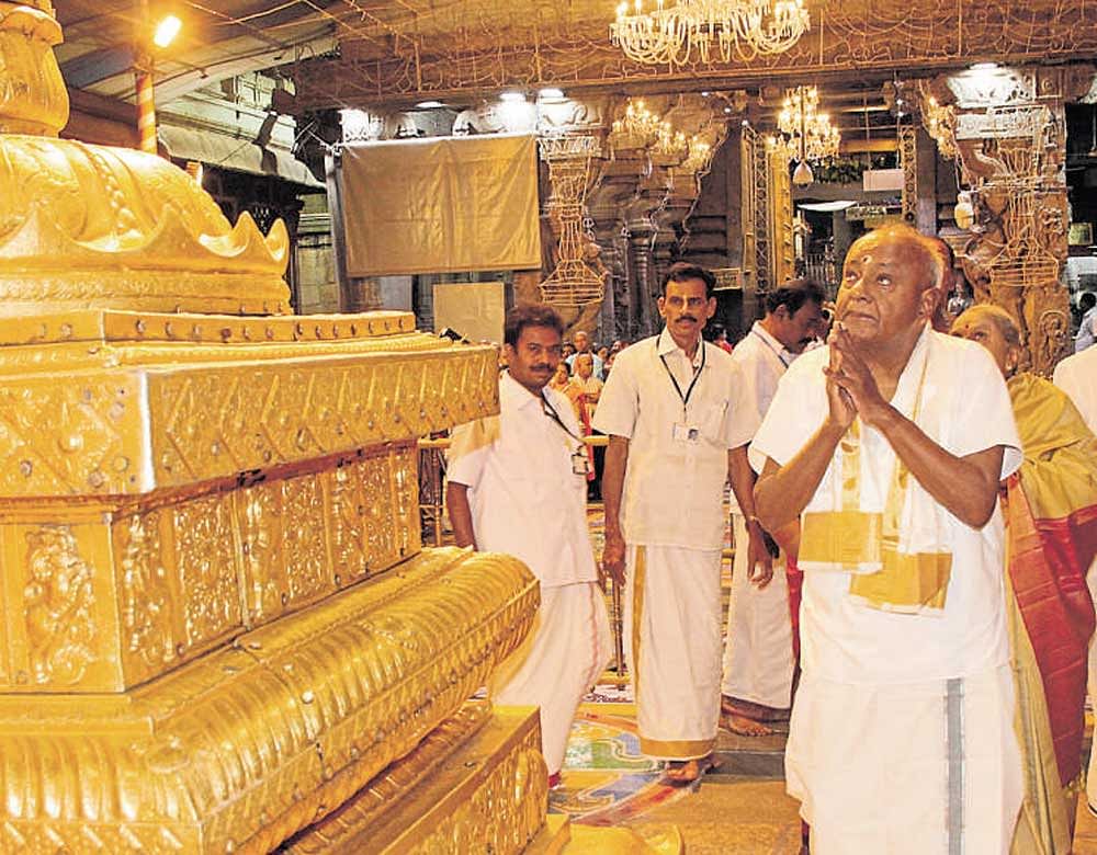 Former prime minister H D&#8200;Deve Gowda at Lord Venkateshwara temple in Tirumala on Thursday.