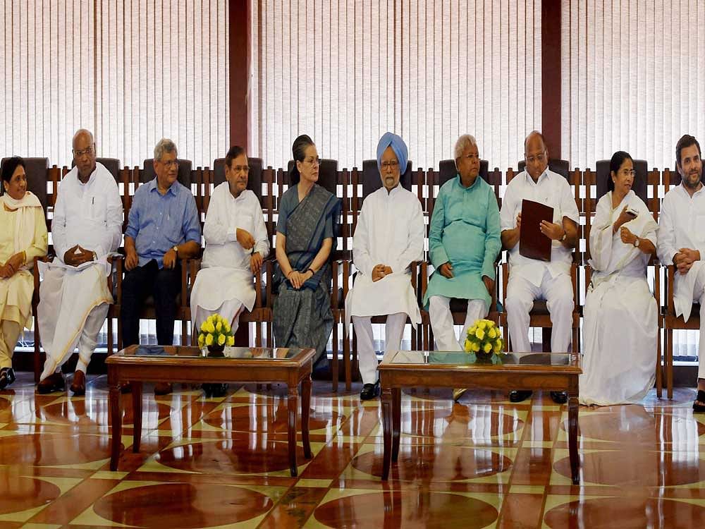 Congress President Sonia Gandhi chairing a meeting of the opposition leaders to discuss the strategy for the upcoming Presidential elections, in New Delhi on on Friday. Former PM Manmohan Singh, RJD leader Lalu Prasad, JD(U)'s Sharad Yadav, NCP chief Sharad Pawar, TMC supremo Mamata Banerjee, CPI(M) General Secretary Sitaram Yechury, Congress vice president Rahul Gandhi, senior party leader Mallikarjun Kharge and BSP President Mayawati are also seen. PTI Photo