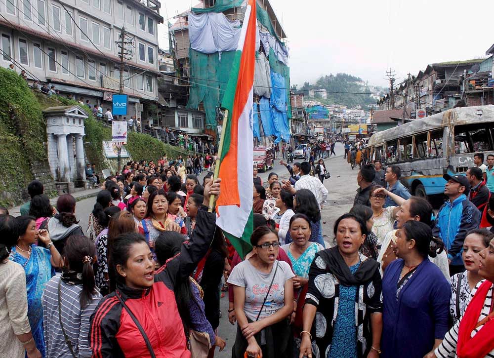 Members of Gorkha Janmukti Morcha during a strike in Darjeeling Hills on Tuesday. PTI Photo