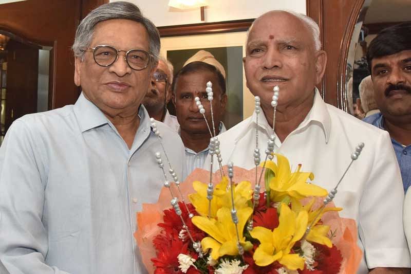 BJP state president B S Yeddyurappa held talks with former union minister S M Krishna on Saturday on the Lok Sabha elections and especially the contest in the Vokkaliga bastion of Mandya where the party is undecided on fielding a candidate. (DH Photo)