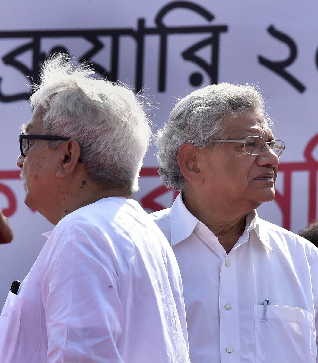 CPI(M) General Secretary Sitaram Yechury and Left Front chairman Biman Bose during a Left Front rally at Brigade Parade Ground in Kolkata, Sunday, Feb. 03, 2019. (PTI Photo)