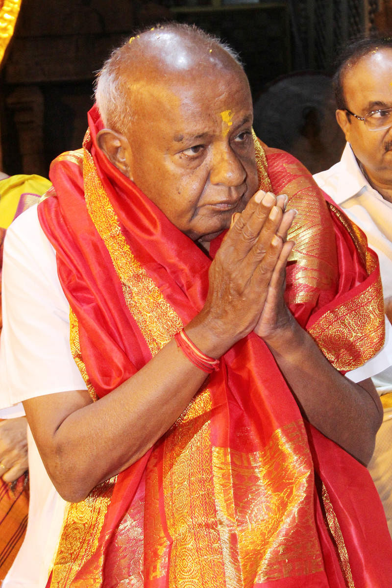 Former prime minister H D Deve Gowda in Tirumala Tirupati recently. (DH file photo)