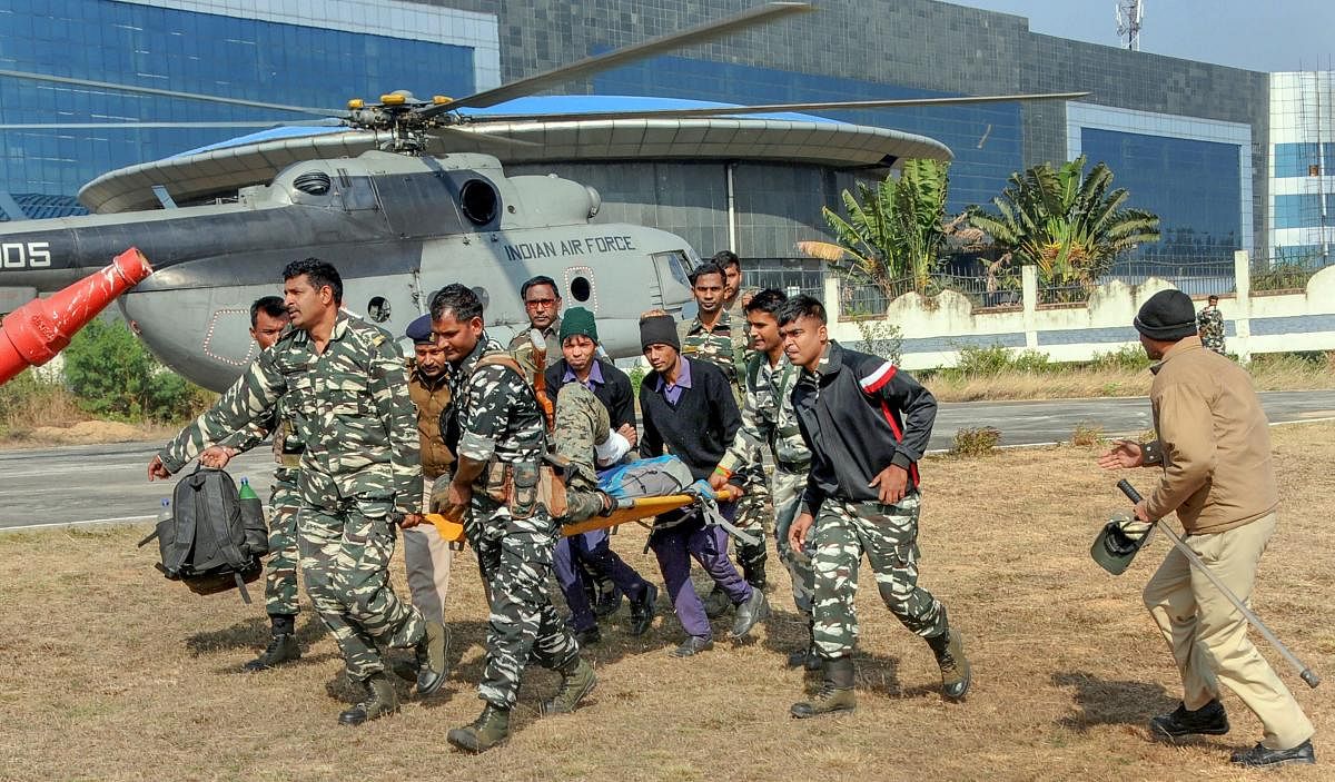 An injured Central Reserve Police Force jawan being taken for further treatment after an encounter with CPI-Maoist groups at Saraikela-Chakradhar Pur border area of Chaibasa district of Jharkhand. PTI/FILE