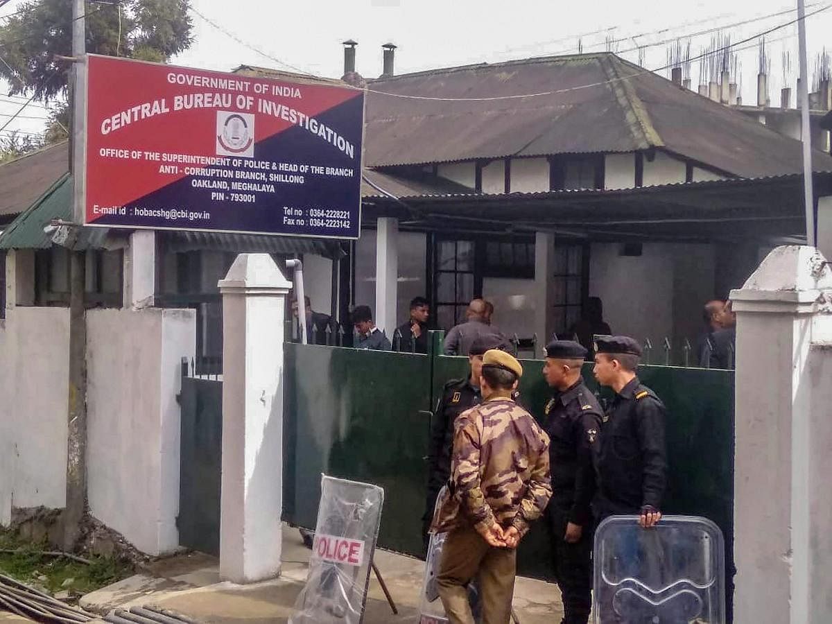 Tight security arrangments made outside the CBI office where Kolkata Police Commissioner Rajeev Kumar is being questioned in connection with chit fund case, in Shillong, Saturday, Feb 9, 2019. (PTI Photo)
