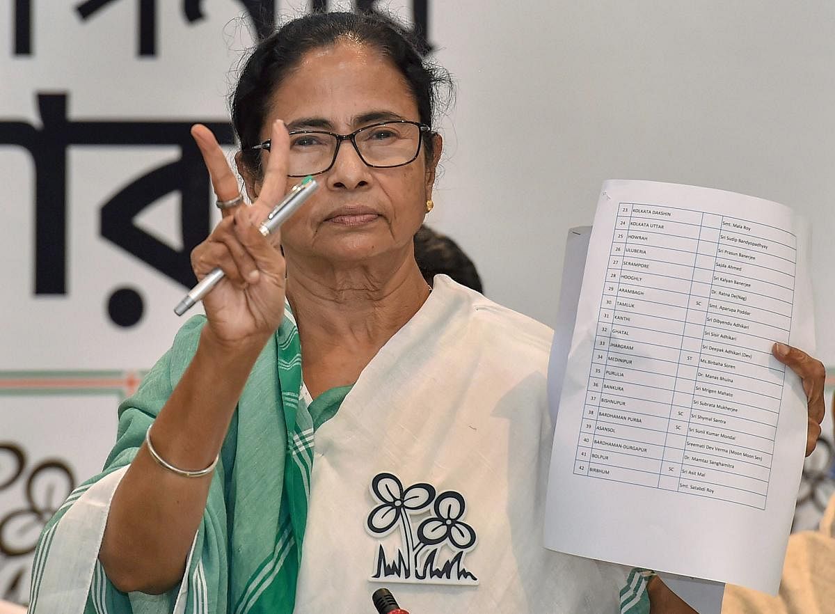 West Bengal Chief Minister and TMC chief Mamata Banerjee shows the candidates' list for Lok Sabha elections 2019 in Kolkata on Tuesday. PTI
