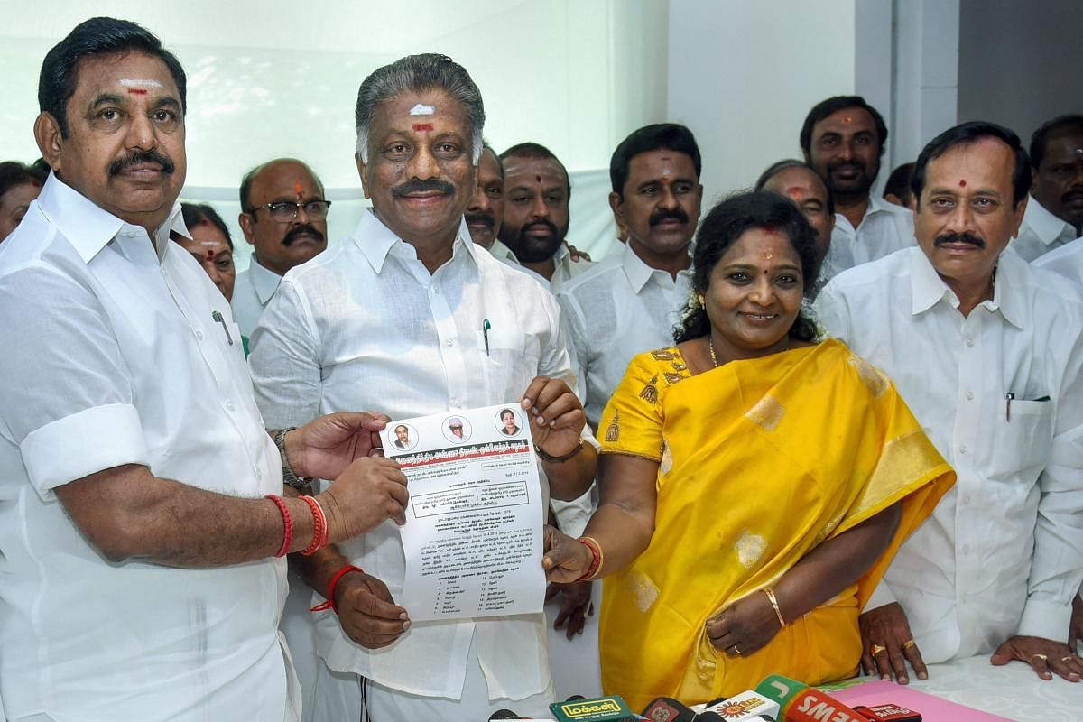 Tamil Nadu Chief Minister Edappadi K Palaniswami and his deputy O Panneerselvam release a list of constituencies allotted to the allies in presence of coalition leaders, including BJP state President Tamilisai Soundararajan and H Raja, in Chennai, Sunday,