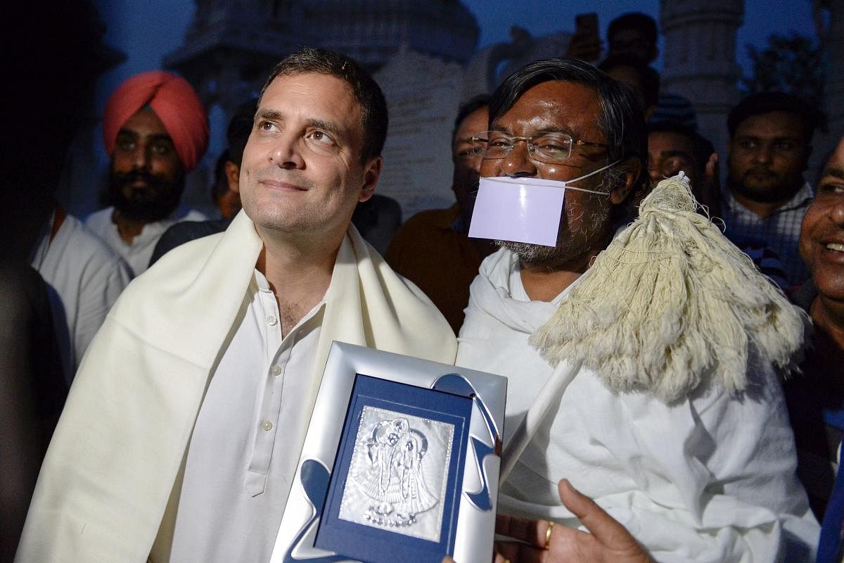 Congress President Rahul Gandhi being felicitated at Shri Ghantakarna Mahavir Devasthan, in Karnal, Friday, March 29, 2019. (PTI Photo)