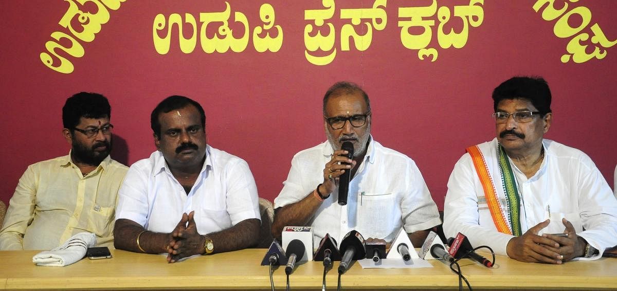Minister for Animal Husbandry and Fisheries Venkata Rao Nadagowda speaks to media in Udupi on Wednesday.