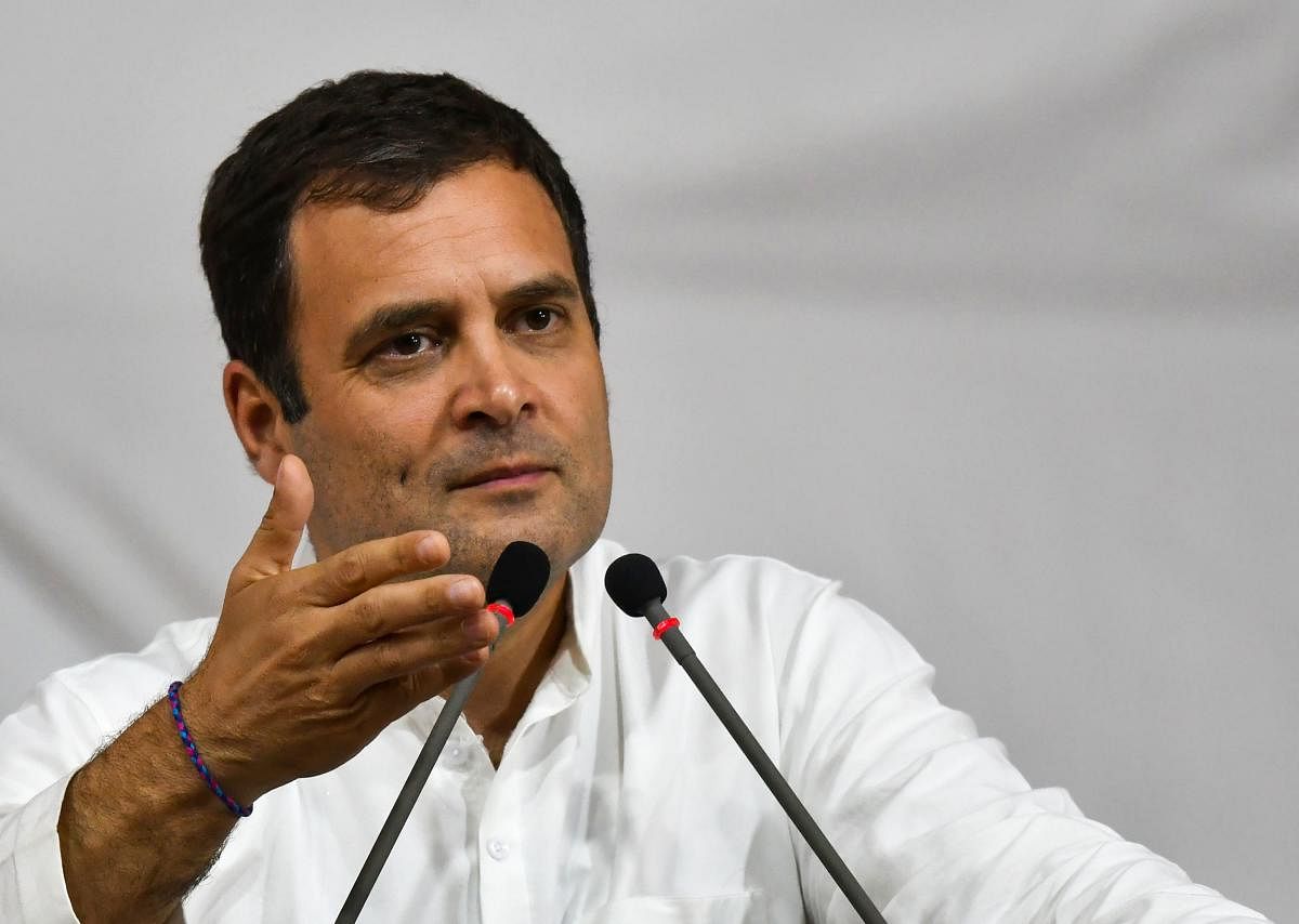 (FILES) In this file photo taken on March 1, 2019, India's Congress Party president Rahul Gandhi gestures as he speaks during a public rally in Mumbai. - India is not just the world's biggest democracy, its elections are also the most gruelling -- with ne