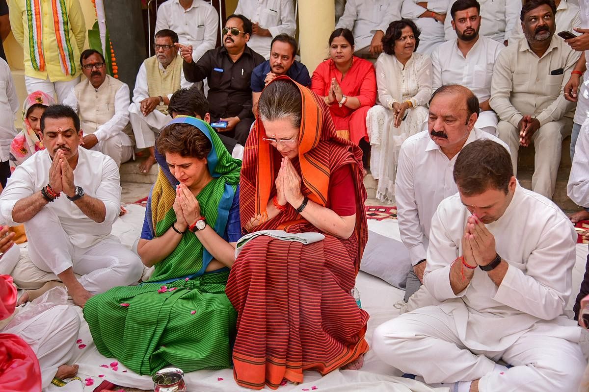 UPA chairperson Sonia Gandhi offers prayers ahead of filing nomination for Raebareli LS seat in Raebareli on Thursday. PTI photo