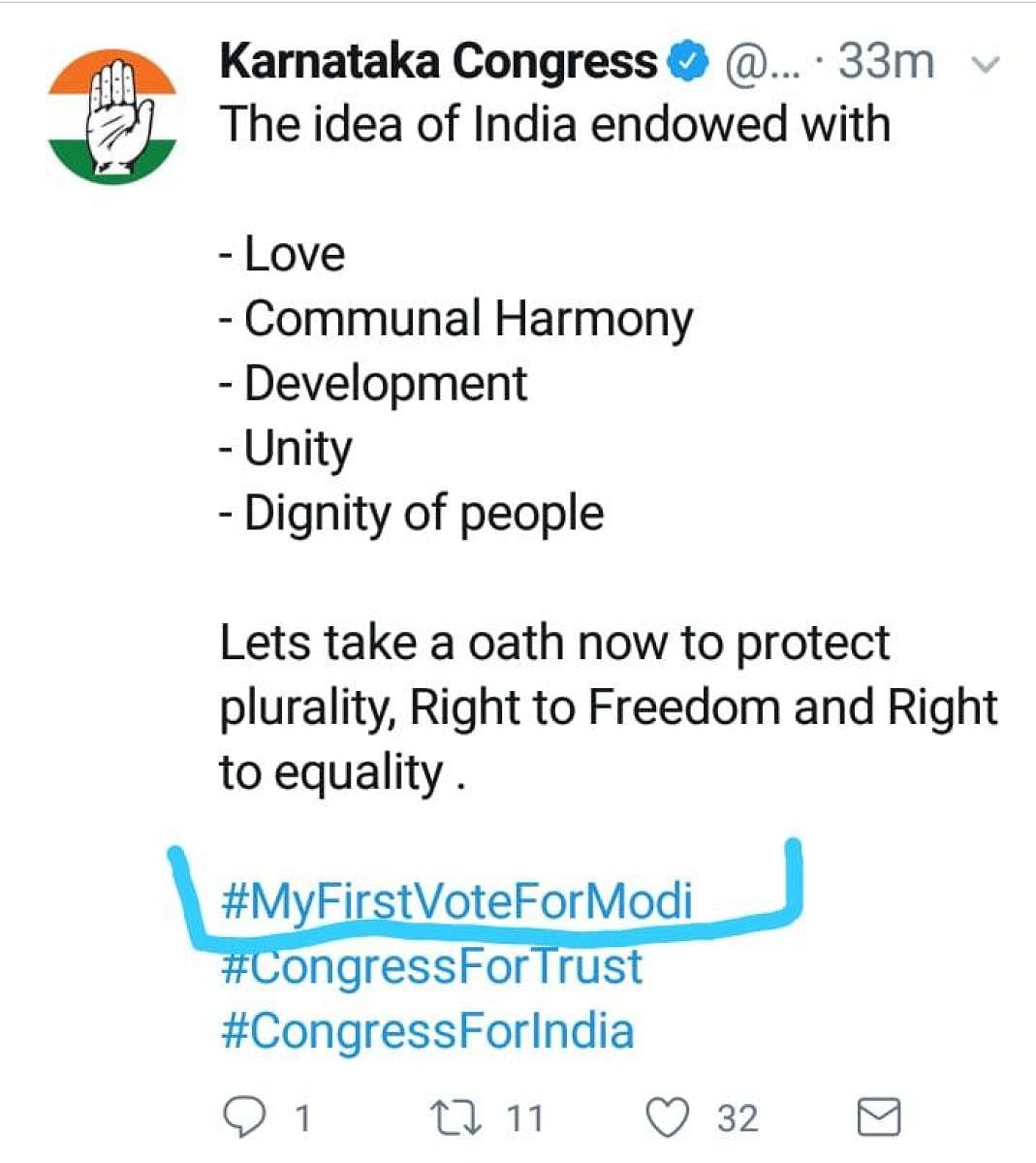 The original tweet deleted by Karnataka Congress from its Twitter handle.