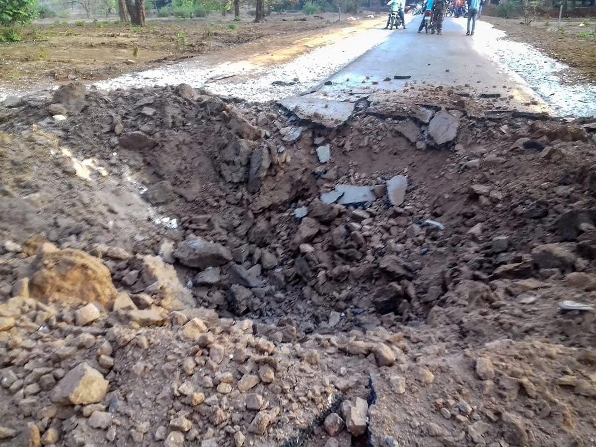 A crater is formed at a road after a BJP convoy was attacked by the Maoists in Dantewada district of Chhattisgarh on April 9, 2019. (PTI File Photo)