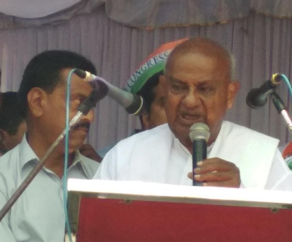 Former PM H D Devegowda speaks during an election campaign in Kadur on Thursday.