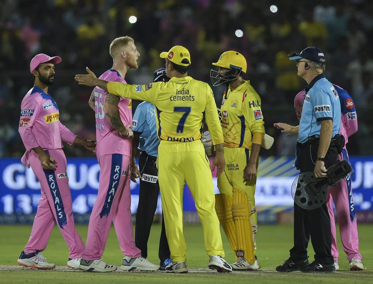 NOT DONE Chennai Super Kings captain M S Dhoni talks to the umpires over a no-ball call during the game against Rajasthan Royals in Jaipur on Thursday. PTI