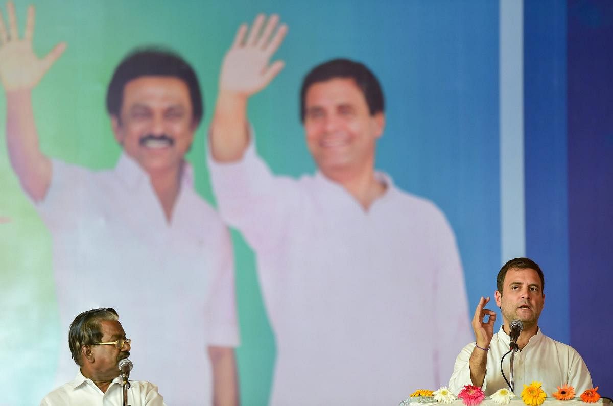 Salem: Congress President Rahul Gandhi gestures as he speaks during an election campaign, ahead of the second phase of the seven-phased Lok Sabha elections, in Salem, Friday, April 12, 2019. (PTI Photo)
