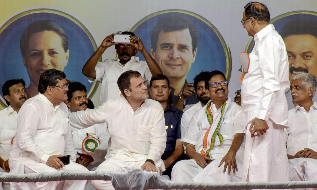 Congress President Rahul Gandhi at a public meeting during the ongoing general elections, in Madurai. PTI
