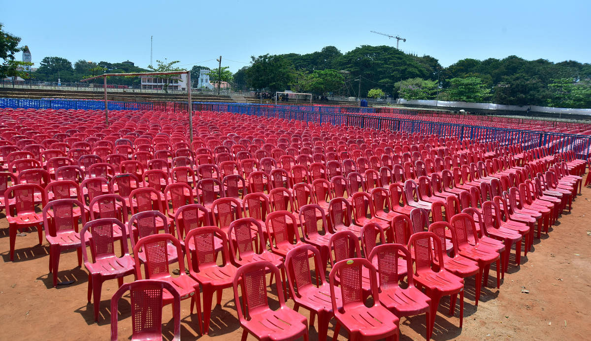 Chairs have been arranged for the people who take part in Prime Minister Narendra Modi's programme at Nehru Maidan in Mangaluru.
