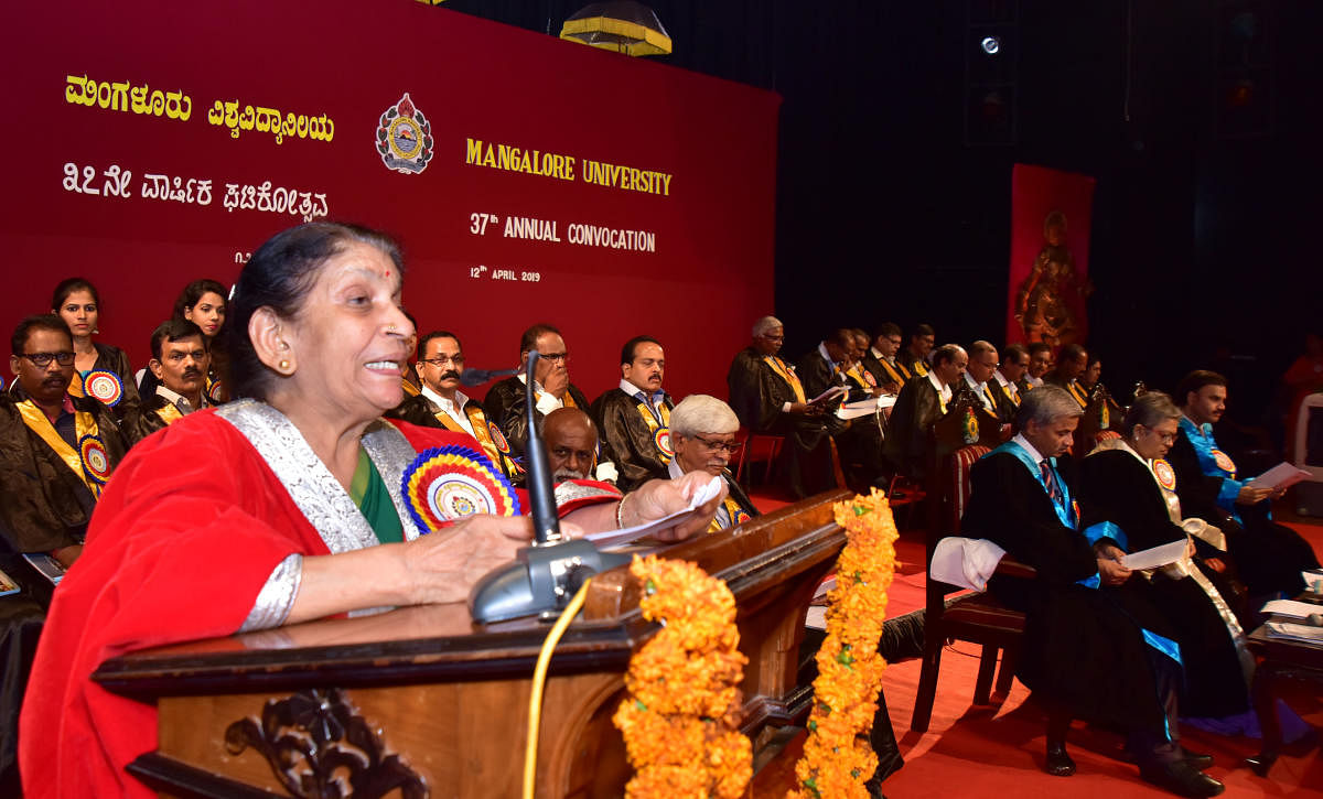 M S University, Baroda former vice chancellor and Kerala former chief secretary Padma Ramachandran delivers the 37th annual convocation address at Mangalore University, Mangalagangothri on Friday. Vice chancellor in-charge Dr Kishori Nayak, Mangalore Univ