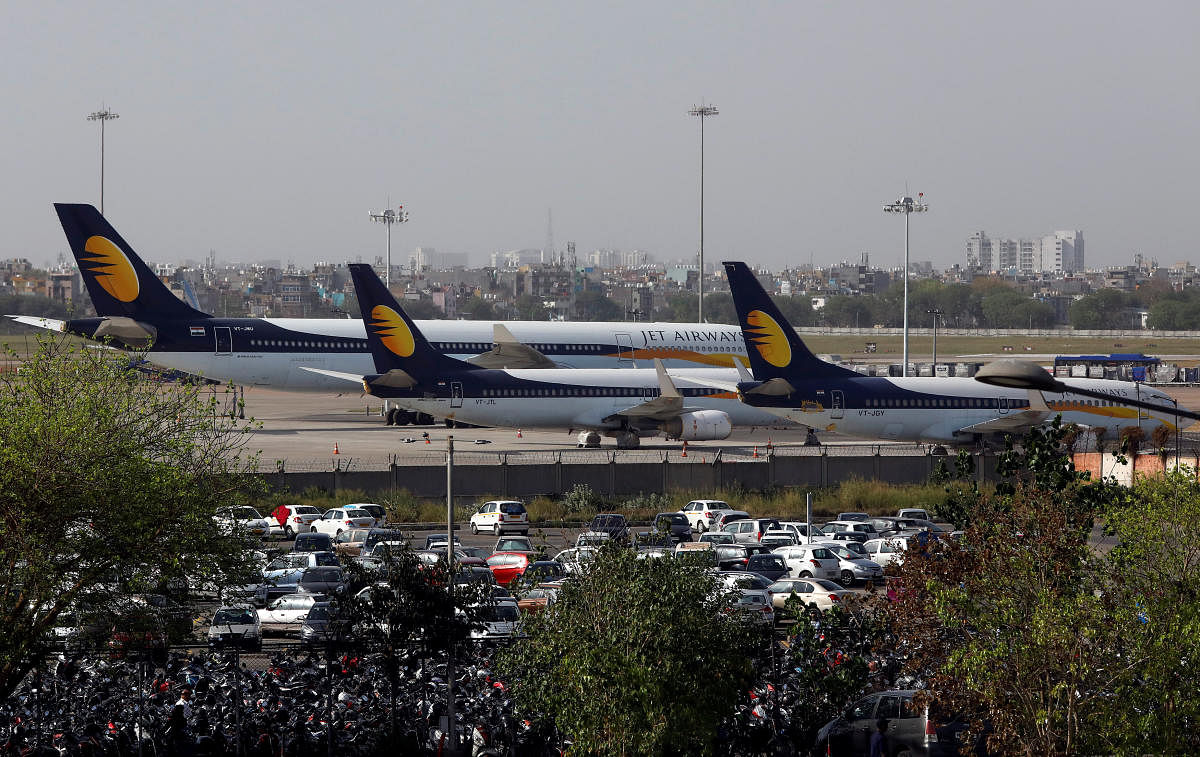 Jet Airways aircraft are seen parked at the Indira Gandhi International Airport in New Delhi. (Reuters Photo)
