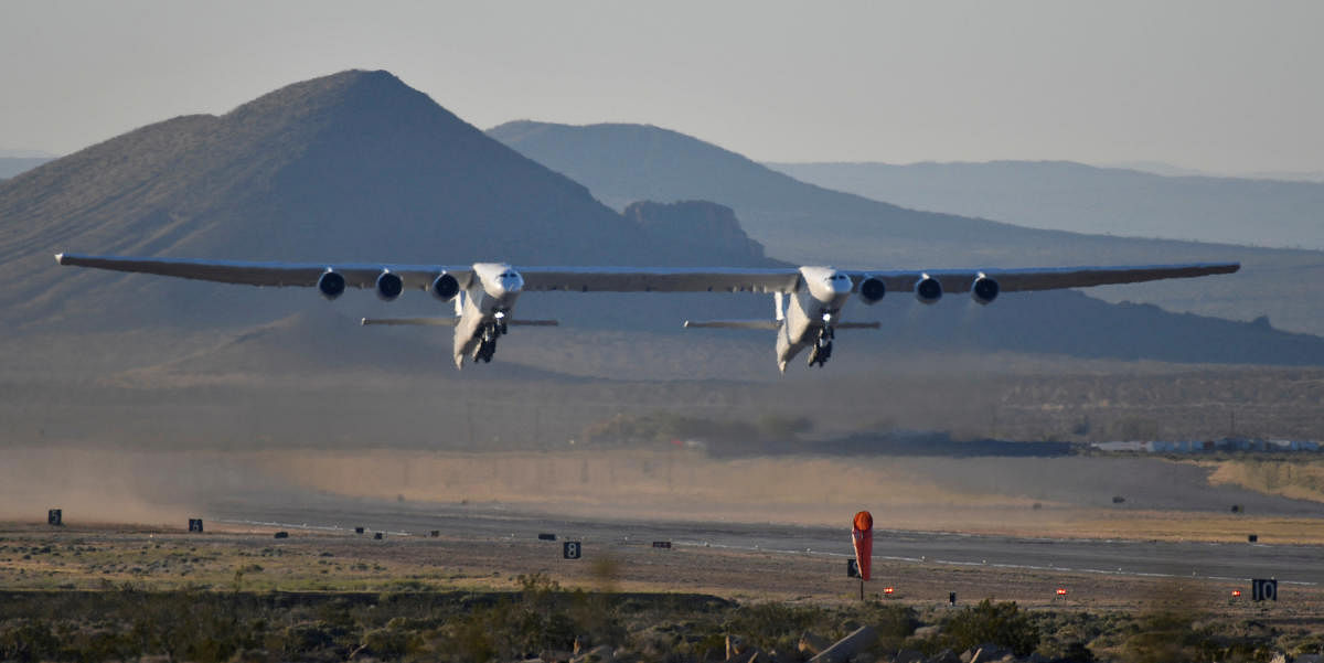 The world's largest airplane, built by the late Paul Allen's company Stratolaunch Systems, takes off on its first test flight in Mojave, California, U.S. April 13, 2019. REUTERS