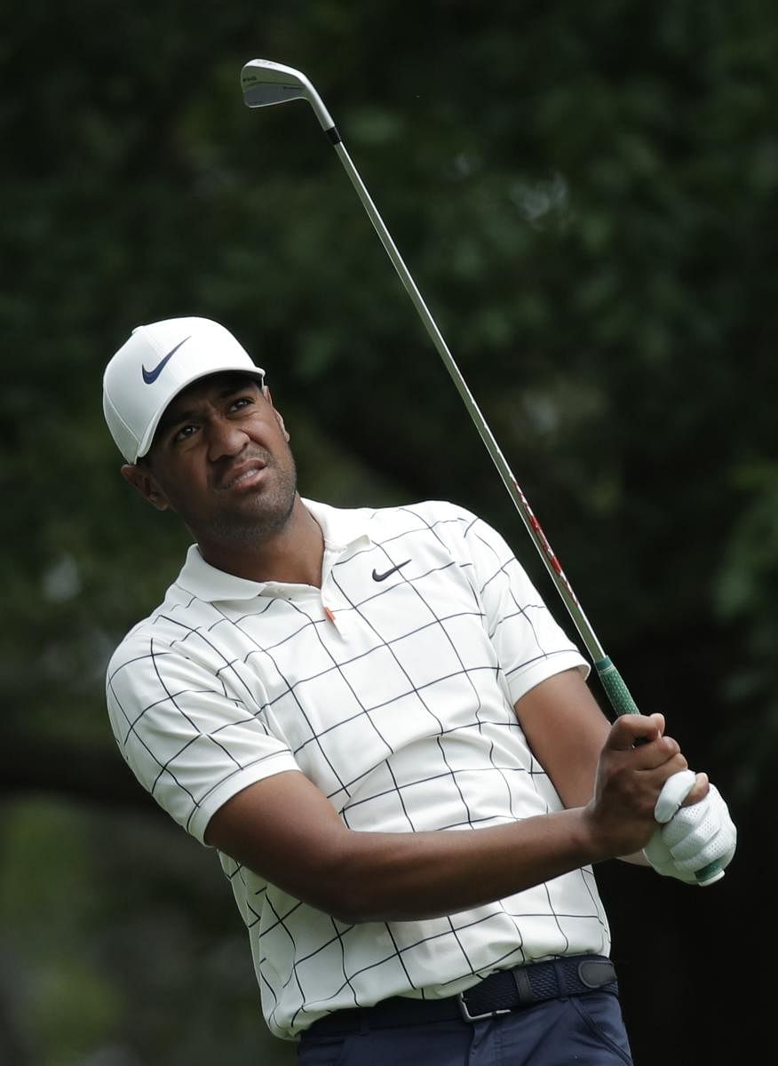 American Tony Finau tees off during the third round of the Augusta Masters on Saturday. REUTERS