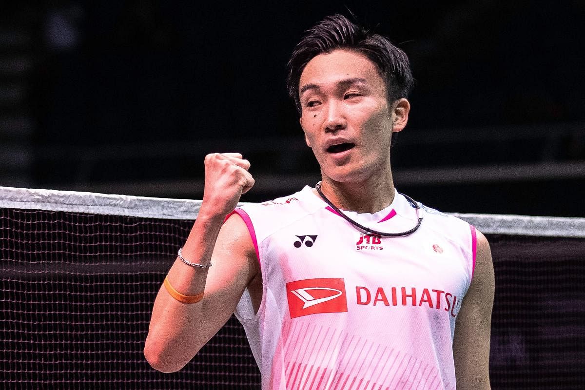 CHAMPION STUFF: Japan's Kento Momota celebrates after defeating Indonesia's Anthony Sinisuka Ginting in their men's singles final of the Singapore Open. AFP