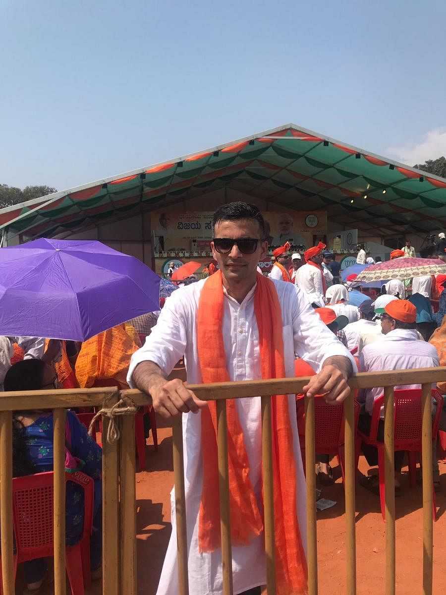 Sudheendra Hebbar during the ‘Vijaya Sankalpa’ rally attended by PM Narendra Modi at Nehru Maidan in Mangaluru on Saturday.