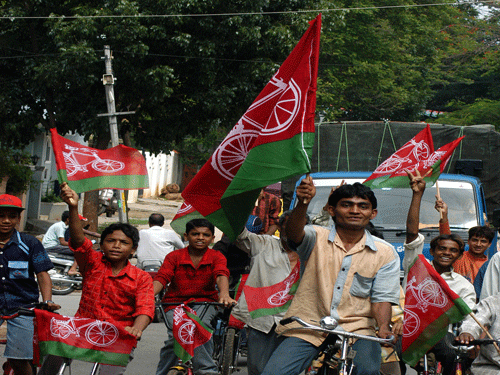 Children and Youth alike embark on bi-cycles which is also the symbol of Samajwadi Party. DH File Photo.